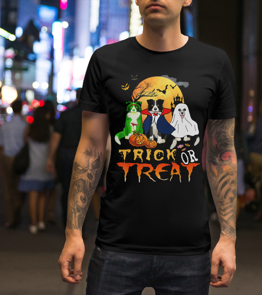 Trick Or Treat Halloween Border Collie Costumes Pumpkins Haunted Moon T-Shirt