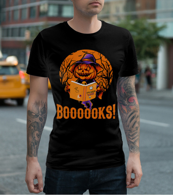 BOOOOKS Halloween Magic Pumpkin Reading Spooky Trees T-Shirt