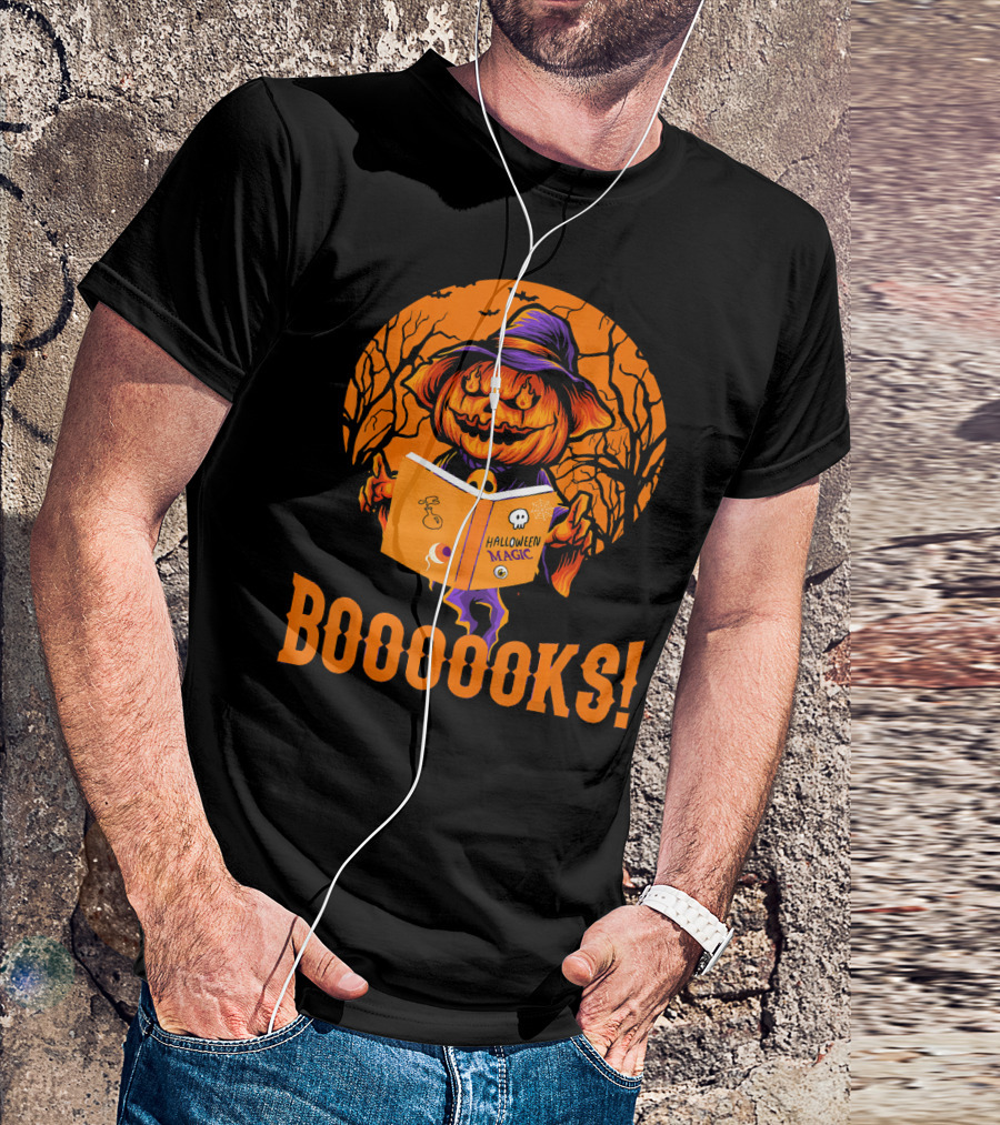 BOOOOKS Halloween Magic Pumpkin Reading Spooky Trees T-Shirt