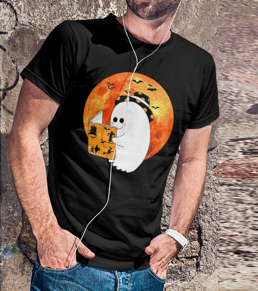 Halloween Ghost Reading Boo Books With Orange Moon And Bats T-Shirt