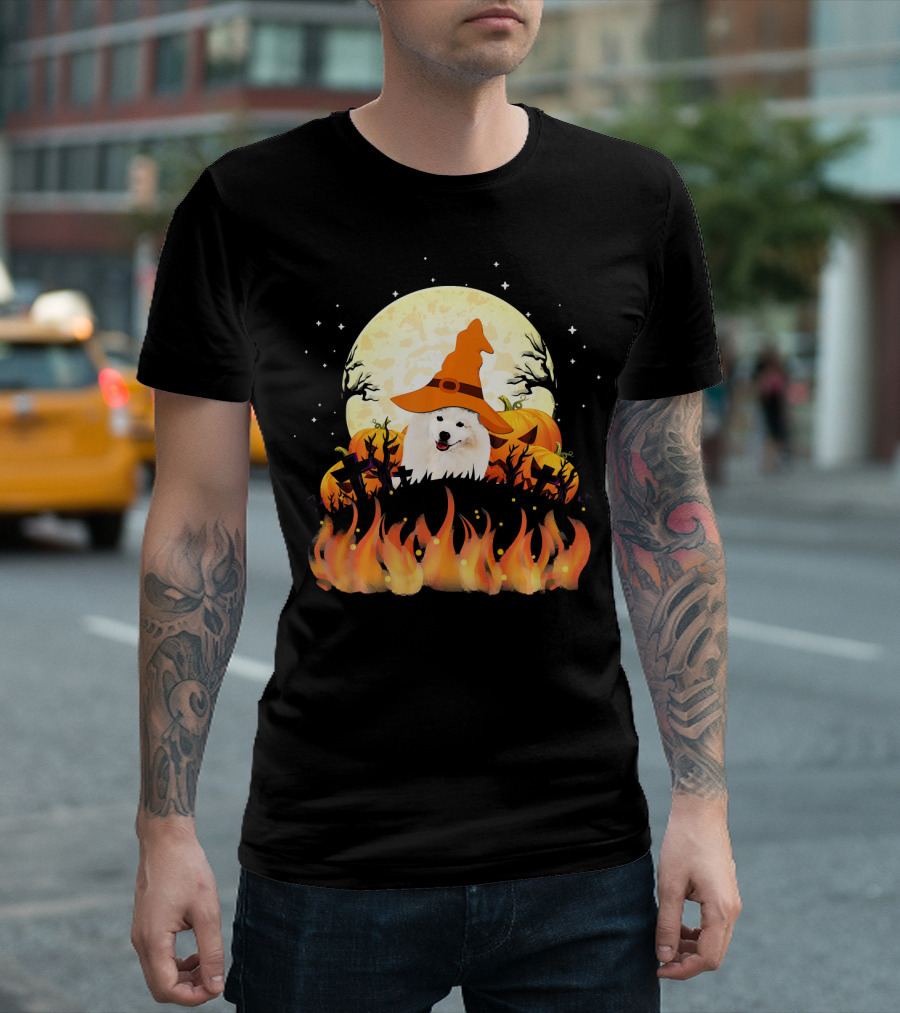 American Eskimo Dog Halloween Witch Moon Pumpkins Flames T-Shirt
