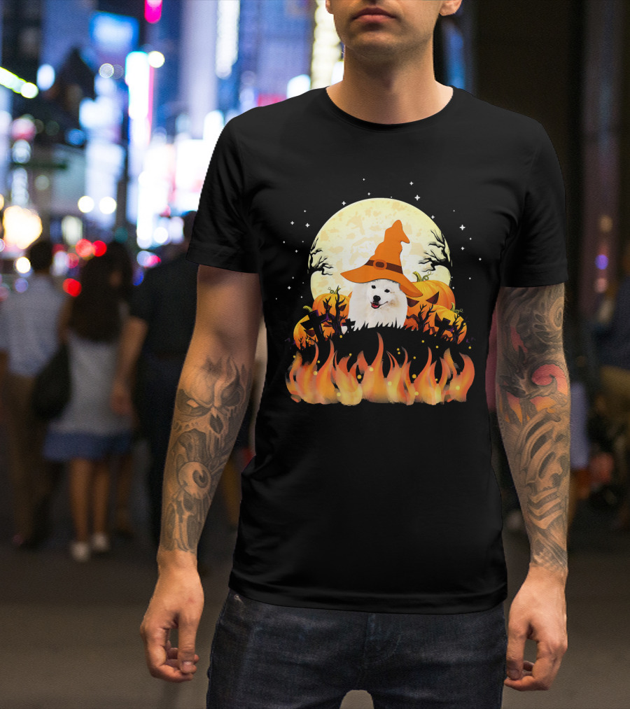 American Eskimo Dog Halloween Witch Moon Pumpkins Flames T-Shirt
