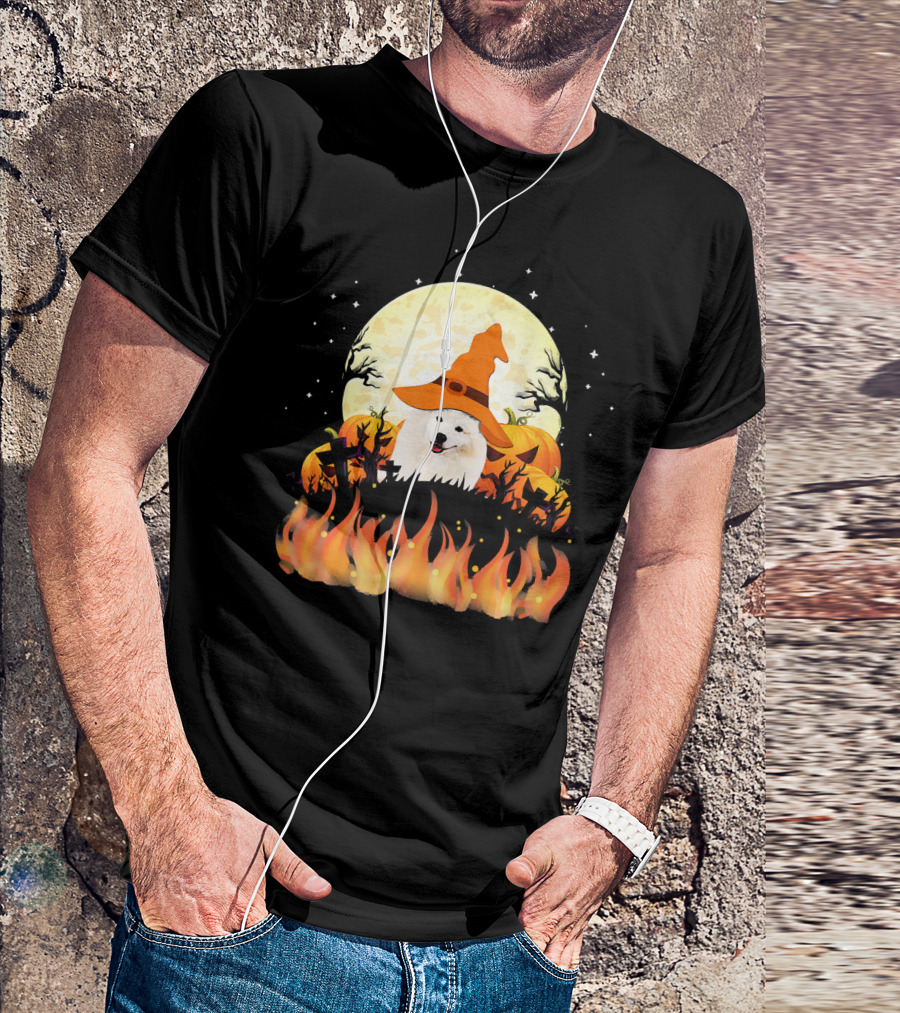 American Eskimo Dog Halloween Witch Moon Pumpkins Flames T-Shirt