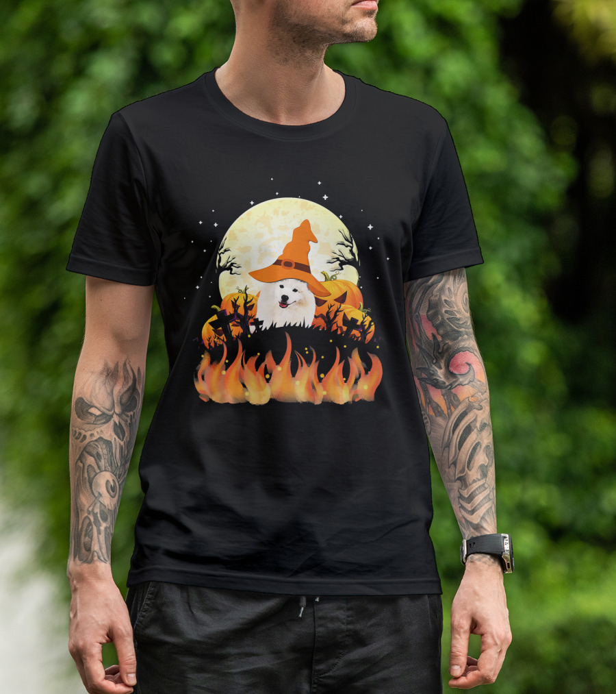 American Eskimo Dog Halloween Witch Moon Pumpkins Flames T-Shirt