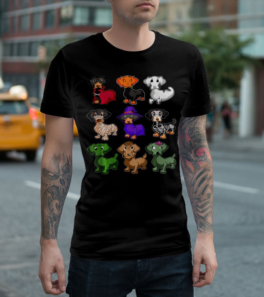 Dachshund Halloween Costumes Dracula Pumpkin Ghost Mummy Witch Skeleton Zombie Frankenstein T-Shirt