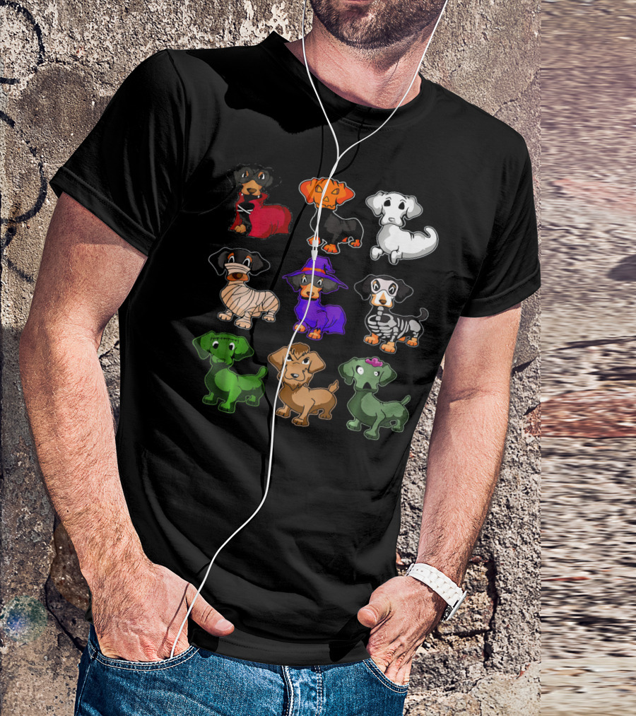 Dachshund Halloween Costumes Dracula Pumpkin Ghost Mummy Witch Skeleton Zombie Frankenstein T-Shirt