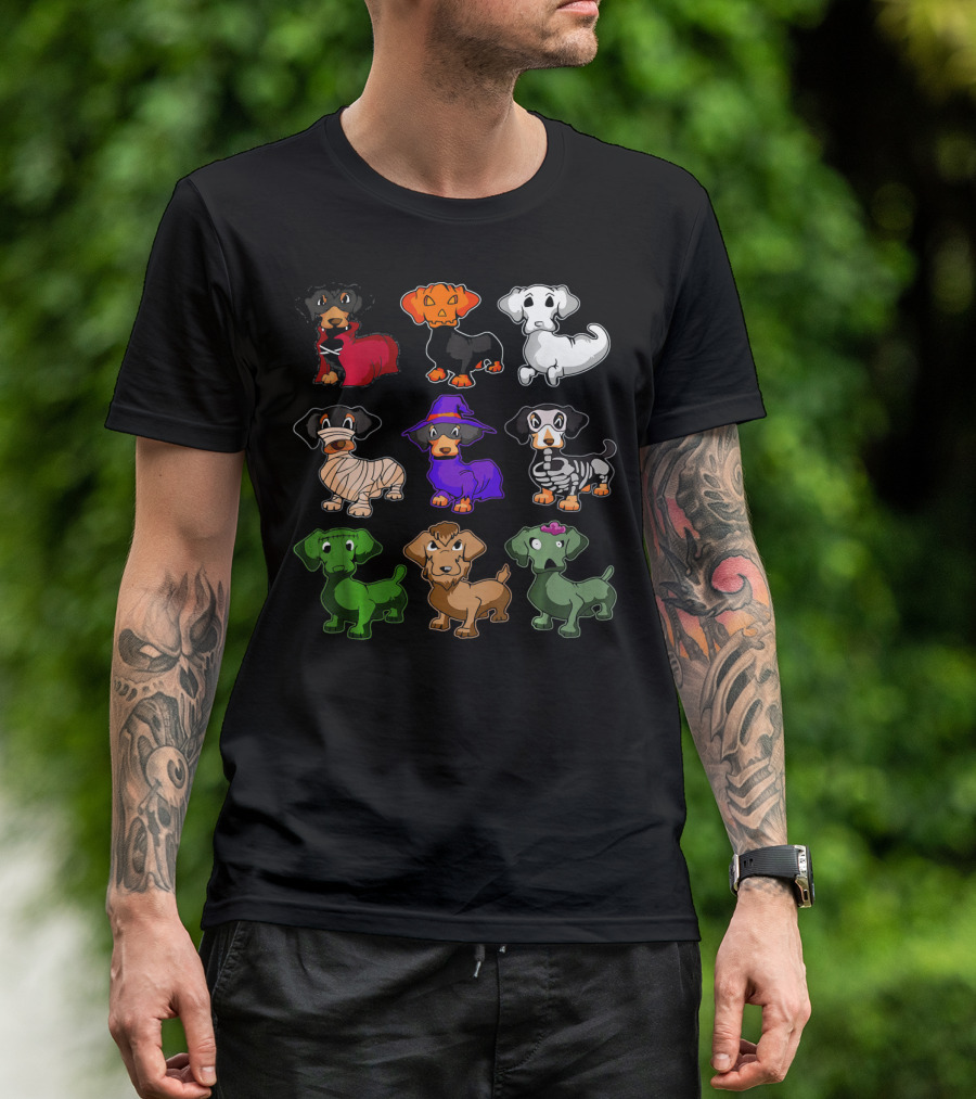Dachshund Halloween Costumes Dracula Pumpkin Ghost Mummy Witch Skeleton Zombie Frankenstein T-Shirt