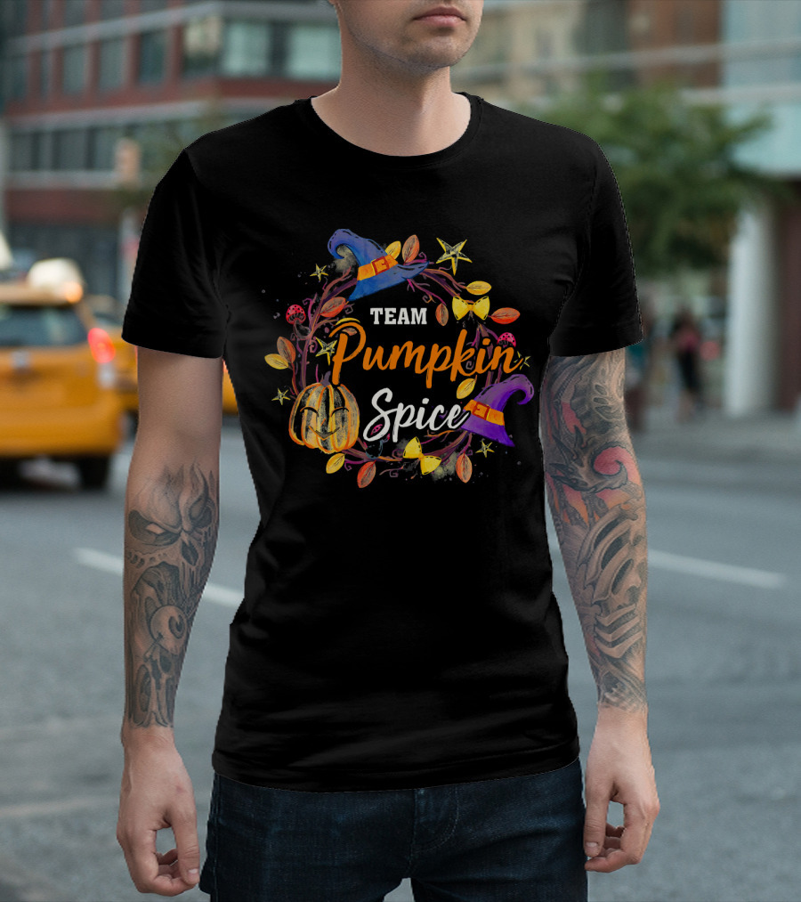 Team Pumpkin Spice Wreath with Witch Hats and Autumn Elements T-Shirt