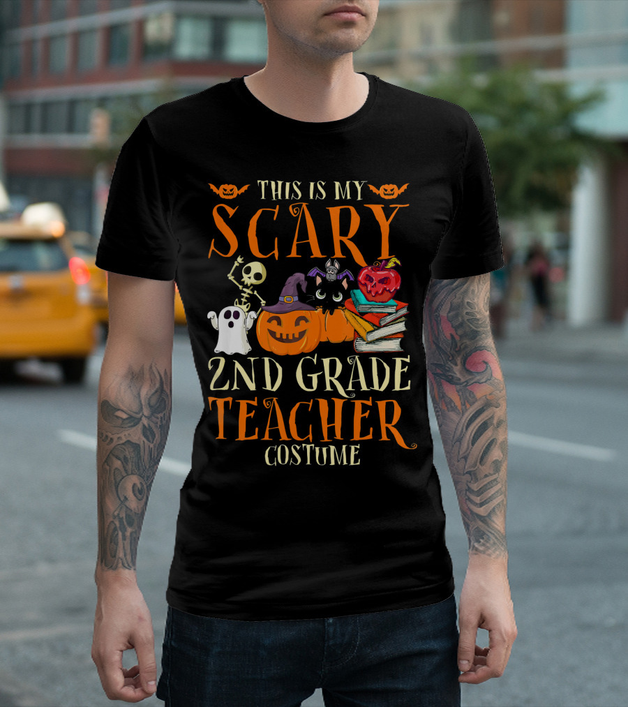 This Is My Scary 2nd Grade Teacher Costume Halloween Pumpkins Ghosts Books Skeletons T-Shirt