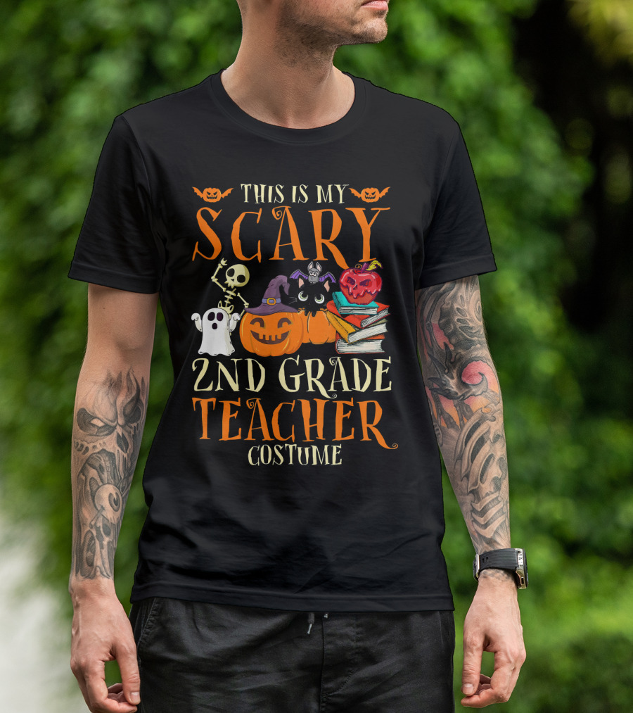 This Is My Scary 2nd Grade Teacher Costume Halloween Pumpkins Ghosts Books Skeletons T-Shirt
