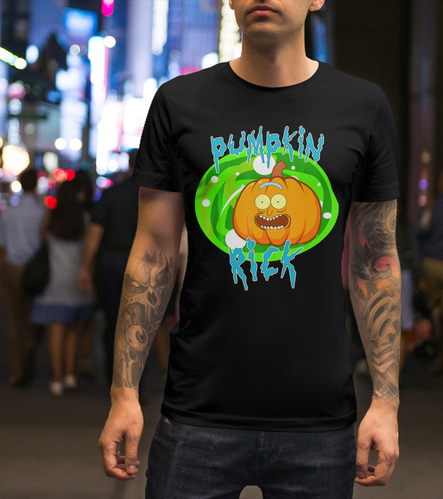 Pumpkin Rick Halloween Parody With Green Portal And Cartoon Face T-Shirt