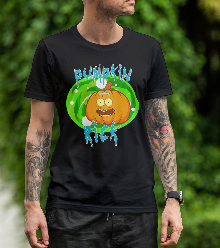 Pumpkin Rick Halloween Parody With Green Portal And Cartoon Face T-Shirt