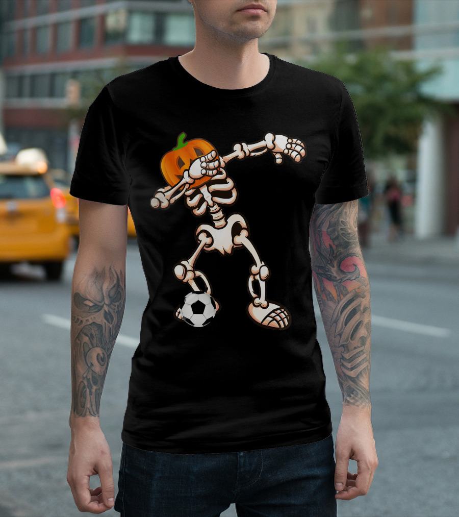 Funny Halloween Dabbing Skeleton Pumpkin Head with Soccer Ball T-Shirt