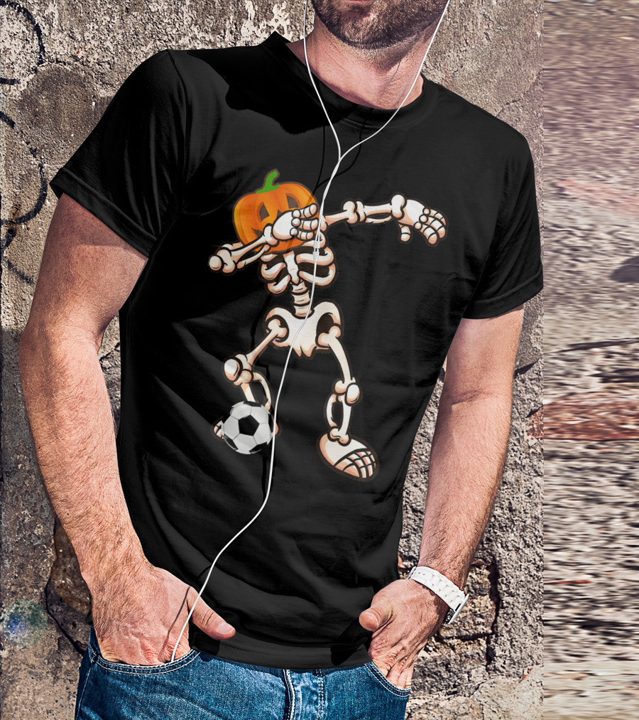 Funny Halloween Dabbing Skeleton Pumpkin Head With Soccer Ball T-Shirt