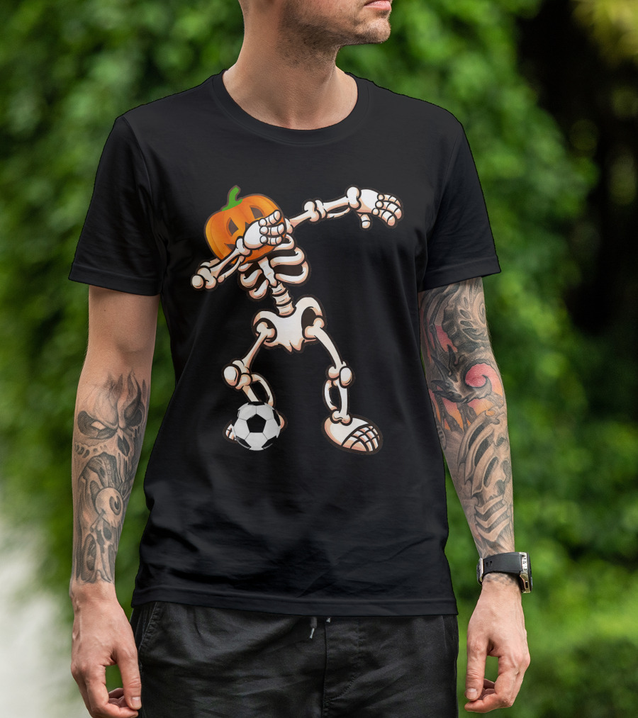 Funny Halloween Dabbing Skeleton Pumpkin Head With Soccer Ball T-Shirt