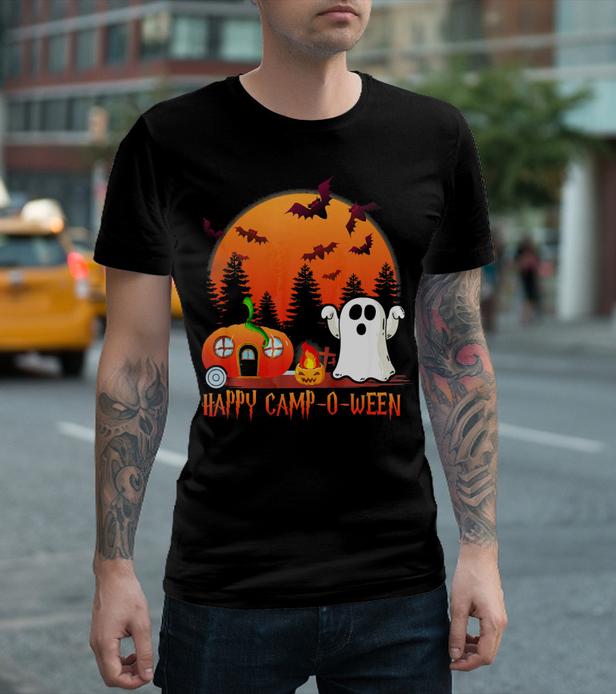 Happy Camp O Ween Funny Pumpkin Boo Ghost Moon with Bat Silhouette in Spooky Forest T-Shirt