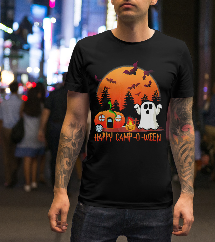Happy Camp O Ween Funny Pumpkin Boo Ghost Moon With Bat Silhouette In Spooky Forest T-Shirt
