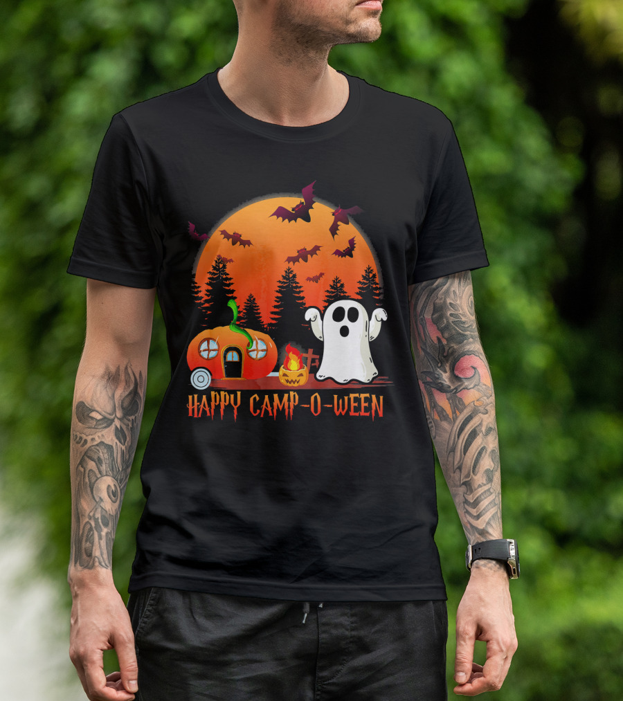Happy Camp O Ween Funny Pumpkin Boo Ghost Moon With Bat Silhouette In Spooky Forest T-Shirt