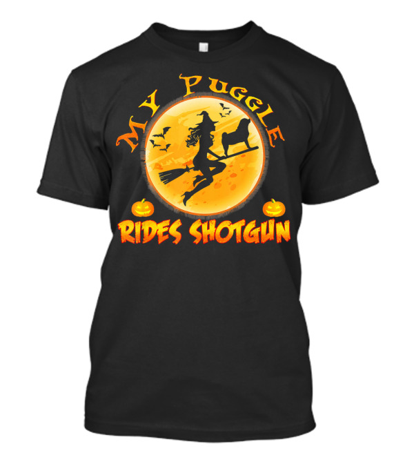 Halloween Witch And Puggle Rides Shotgun Full Moon Pumpkin T-Shirt