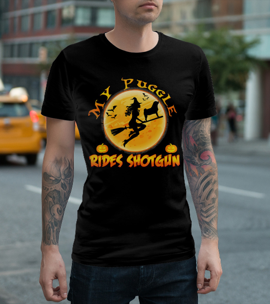 Halloween Witch and Puggle Rides Shotgun Full Moon Pumpkin T-Shirt