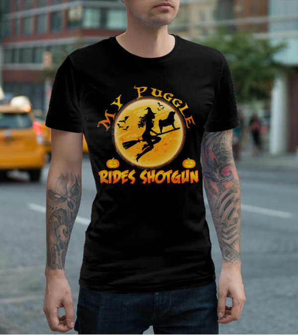 Halloween Witch And Puggle Rides Shotgun Full Moon Pumpkin T-Shirt