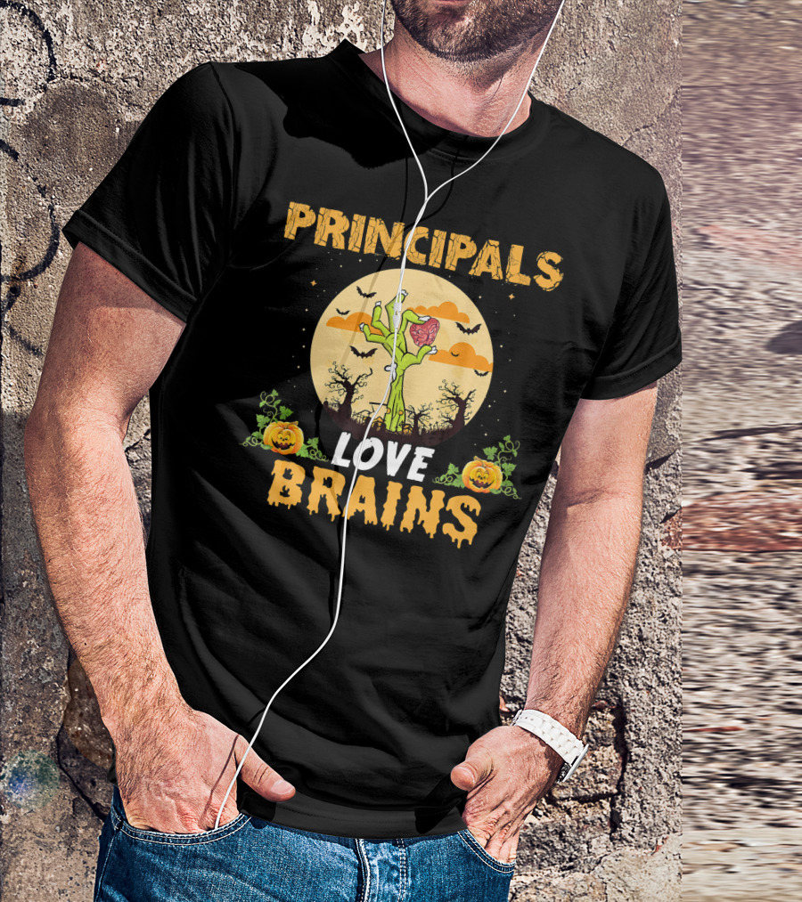 Principals Love Brains Zombies Halloween Moon Bats Pumpkins T-Shirt