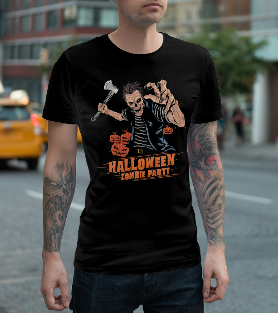 Halloween Zombie Party Scary Zom Axe-Wielding Zombie and Pumpkins T-Shirt