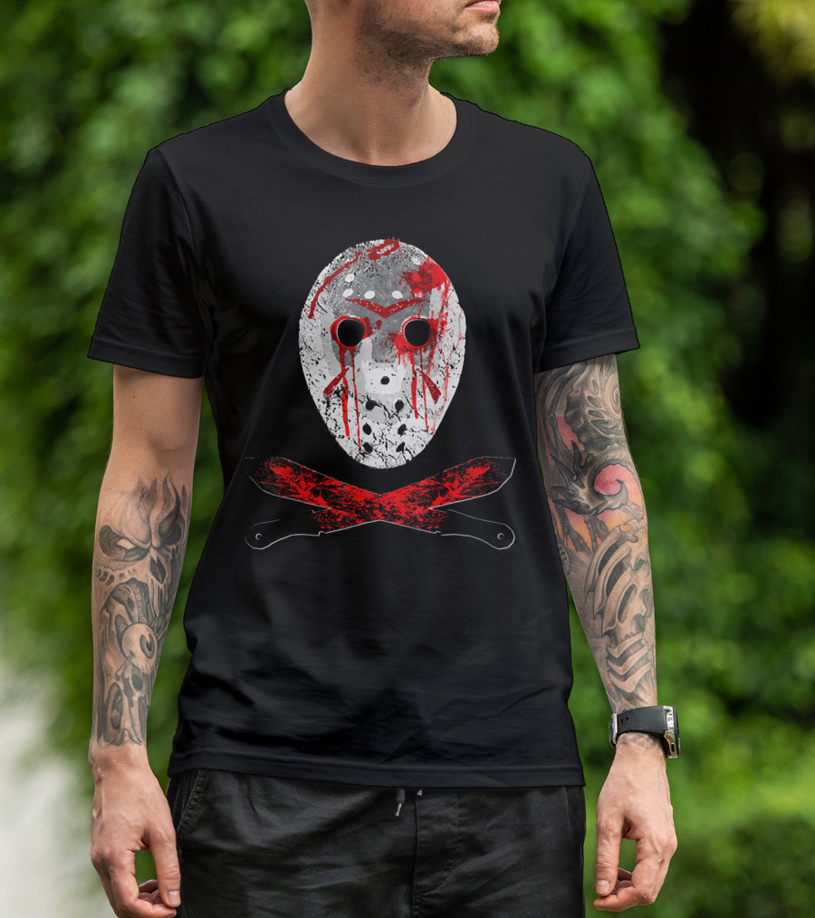 Friday The 13th Jason Mask Bloody Machete Crossed Horror T-Shirt