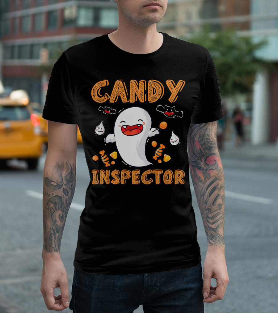 Candy Inspector Ghost Halloween Co Spooky Fun With Bats And Sweets T-Shirt