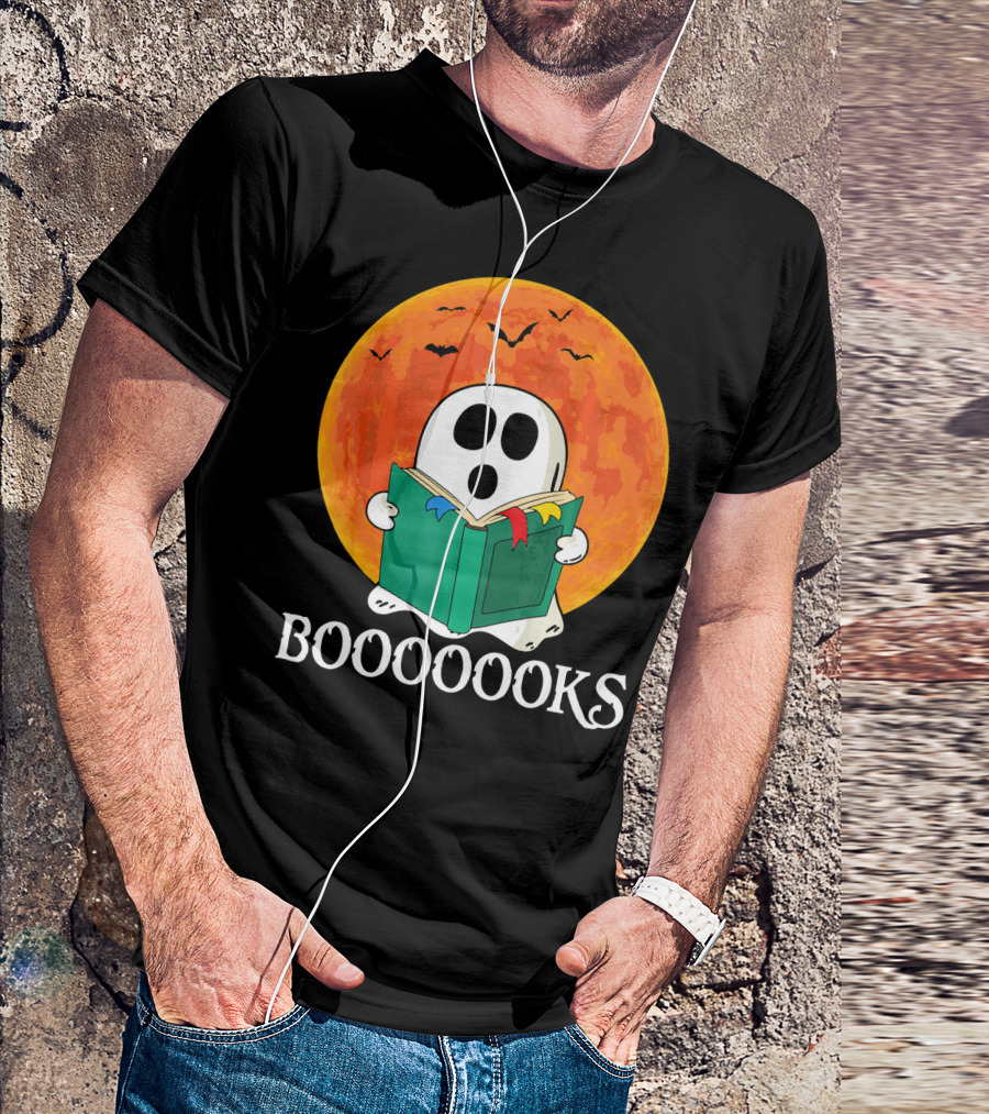 Funny Halloween Booooks Cute Ghost Reading With Full Moon And Bats T-Shirt