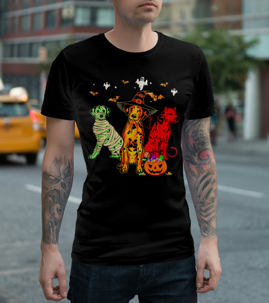 Funny Dalmatian Halloween Witch Mummy Devil Costume Party with Ghosts and Bats T-Shirt