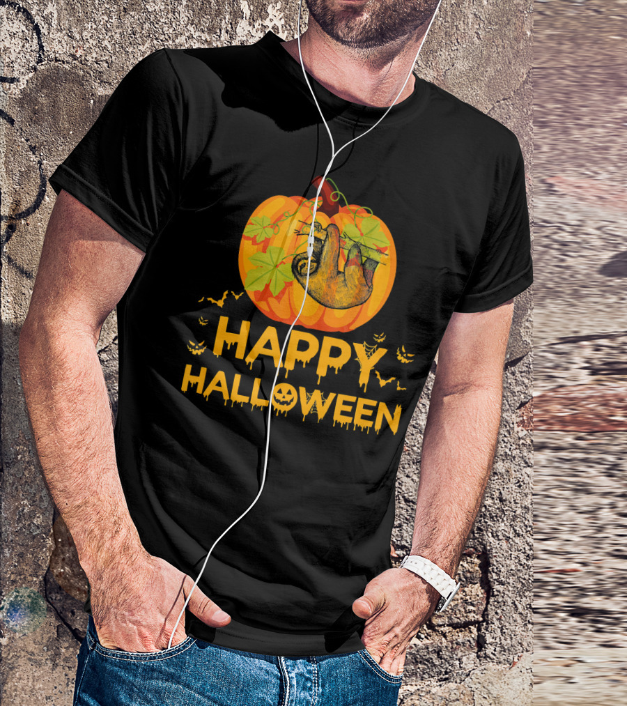 Happy Halloween Pumpkin Sloth Hanging With Bats T-Shirt