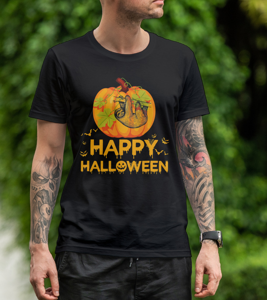 Happy Halloween Pumpkin Sloth Hanging With Bats T-Shirt