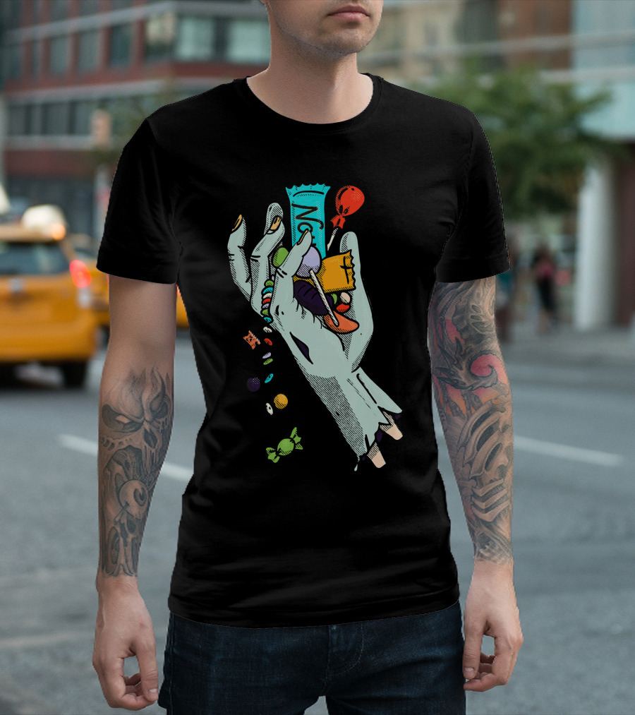 Holidaze Trick or Treat Zombie Hand No Treats Candies Balloon T-Shirt