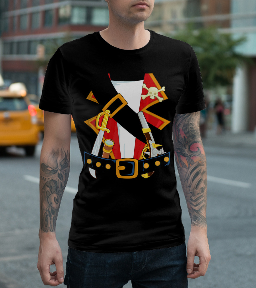 Pirate Costume Skull Crossbones Sword Pistol Belt T-Shirt