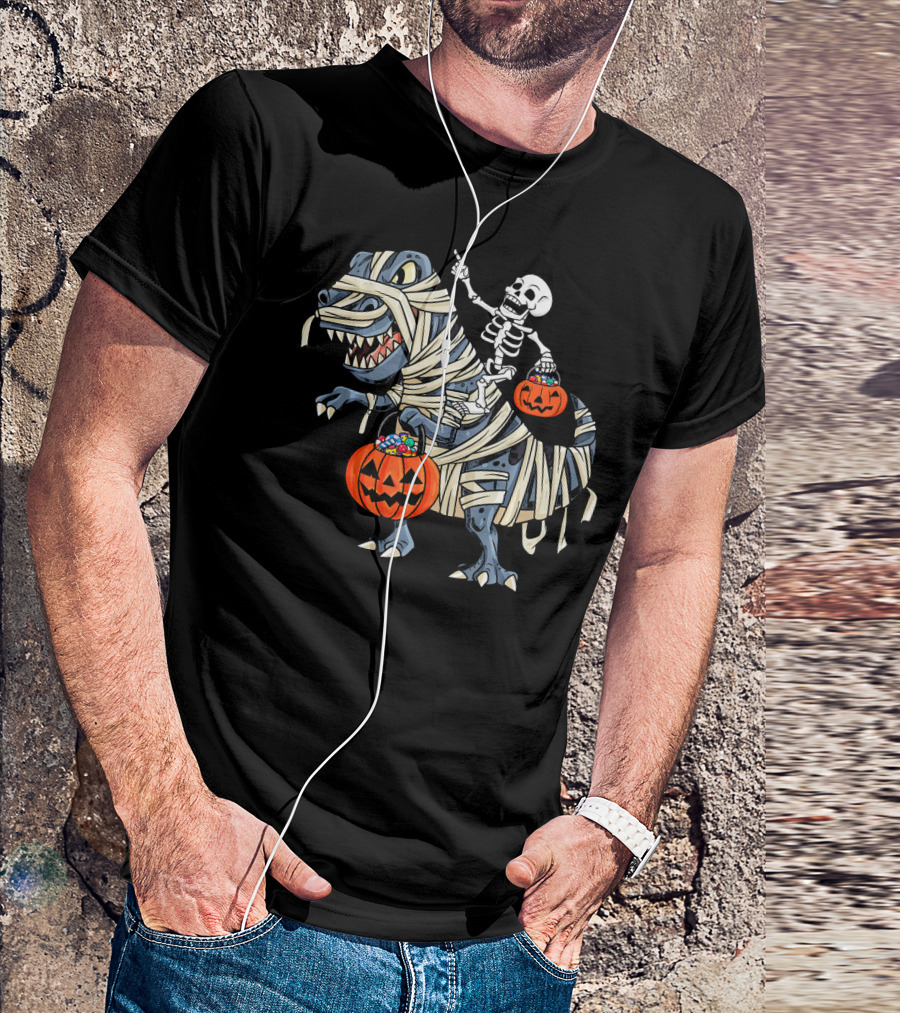 Skeleton Riding Mummy T-Rex With Pumpkin Candy Buckets Halloween Bo T-Shirt