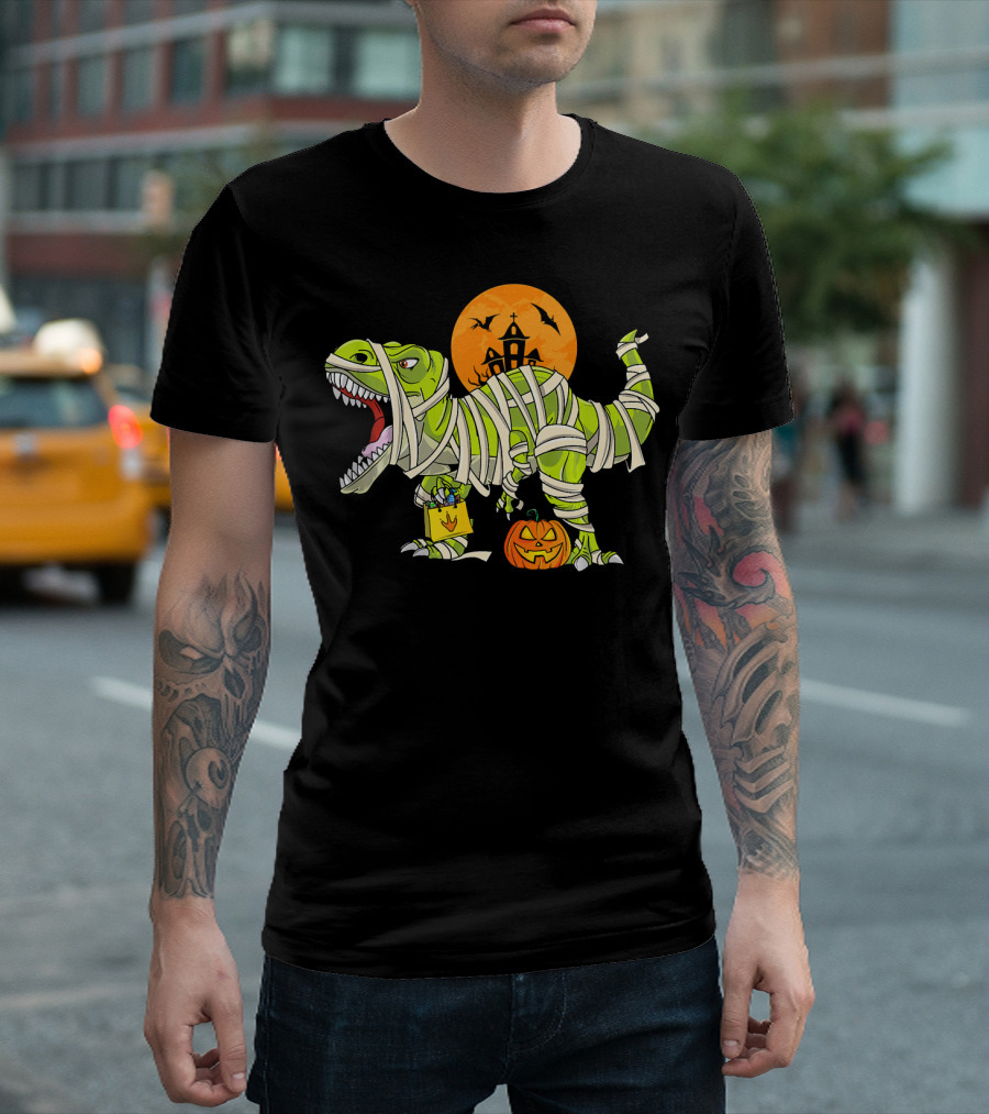Funny Halloween Rex Dinosaur Mummy With Pumpkin And Haunted House T-Shirt