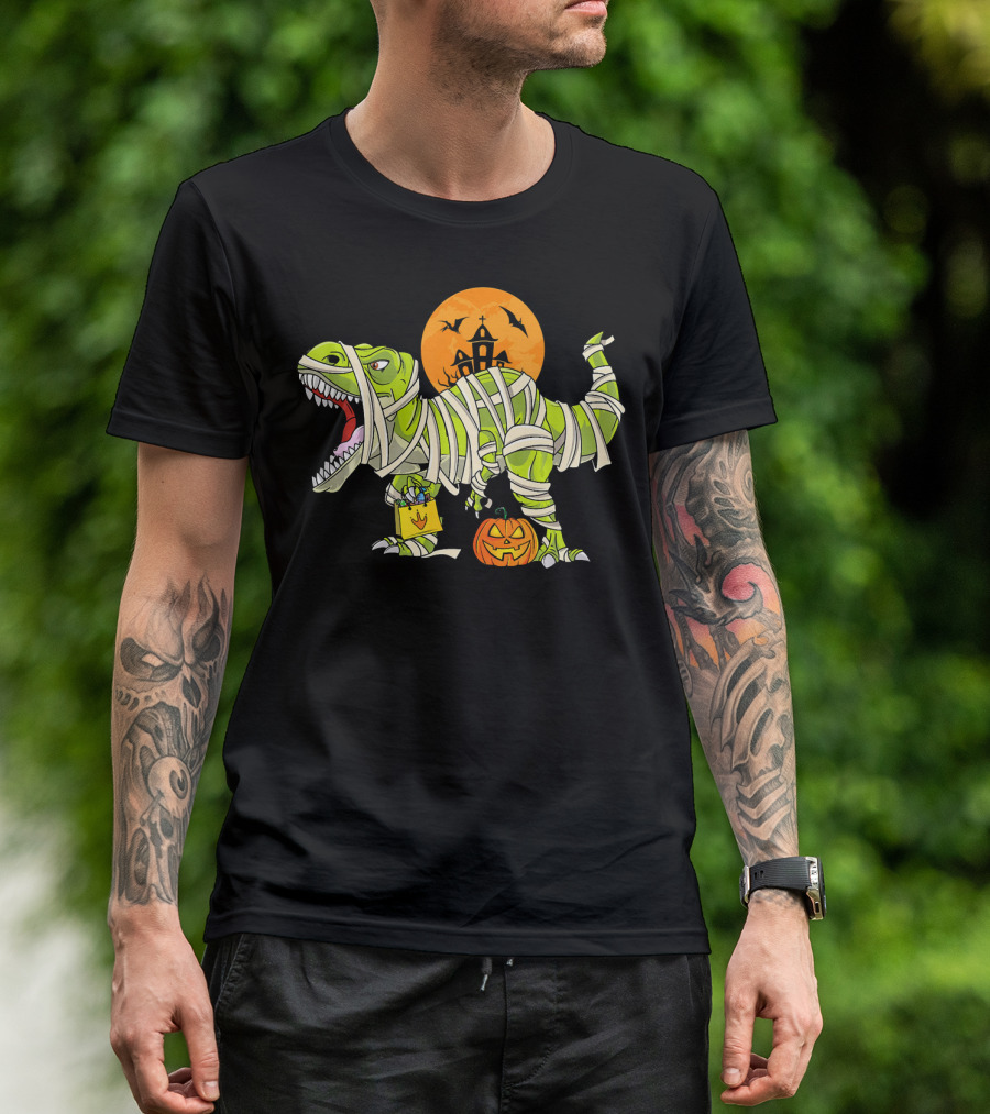 Funny Halloween Rex Dinosaur Mummy With Pumpkin And Haunted House T-Shirt