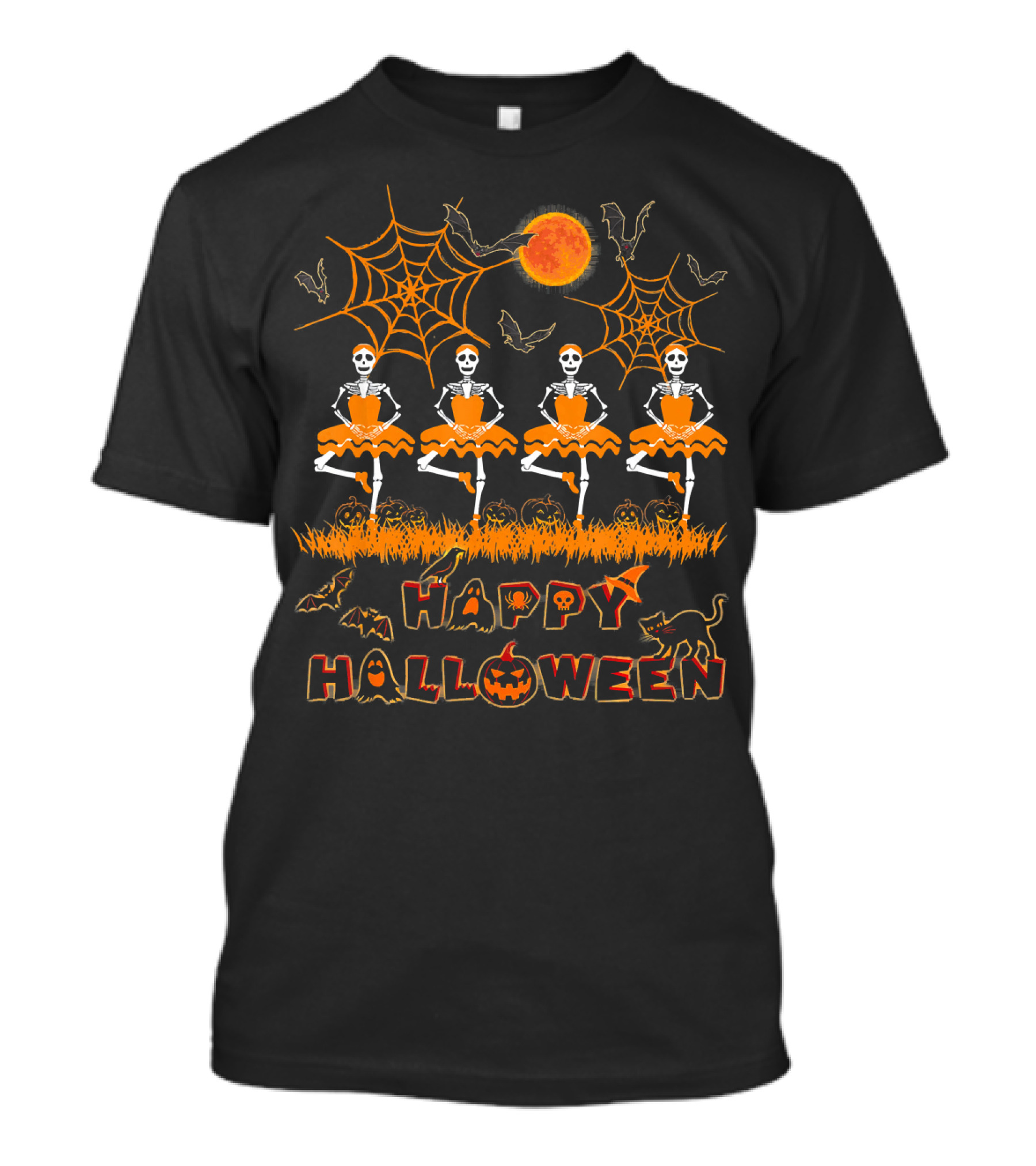 Happy Halloween Dancing Ballet Skeletons With Spiders And Bats T-Shirt