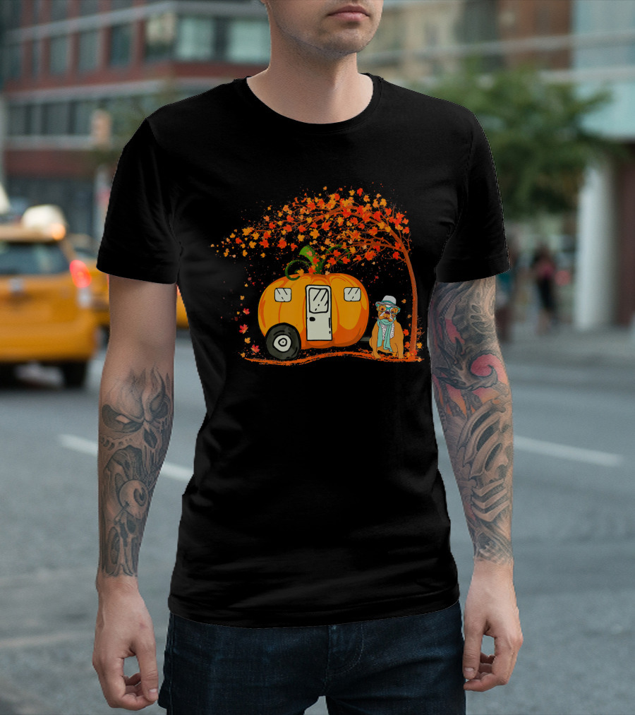 Bulldog With Pumpkin Camping Van Under Autumn Tree T-Shirt
