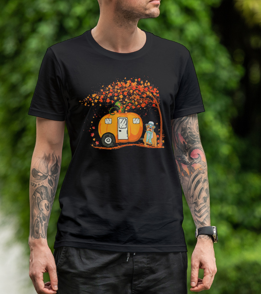 Bulldog With Pumpkin Camping Van Under Autumn Tree T-Shirt