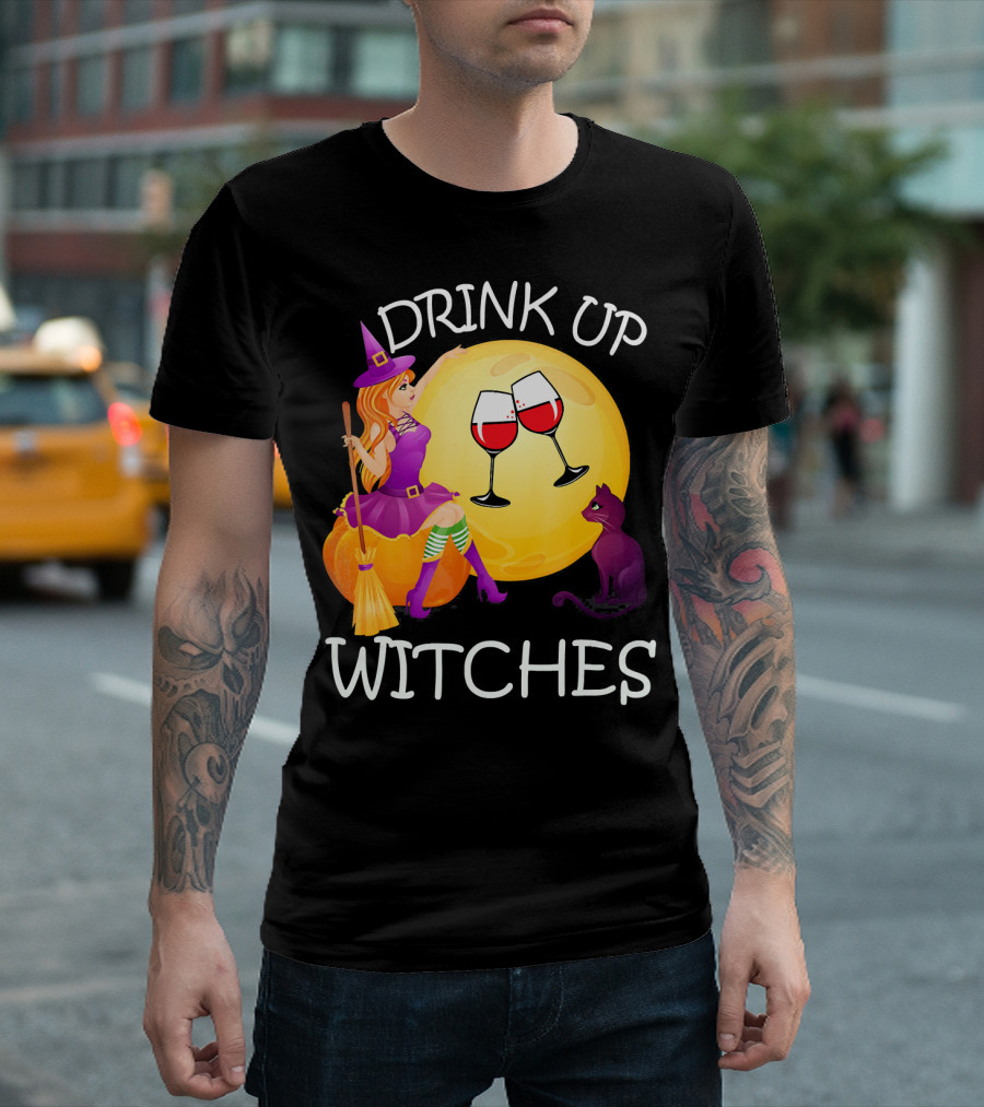 Drink Up Witches Halloween Wine Moon Cat Broomsticks T-Shirt