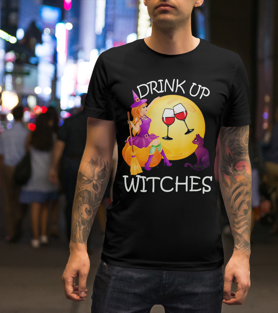 Drink Up Witches Halloween Wine Moon Cat Broomsticks T-Shirt