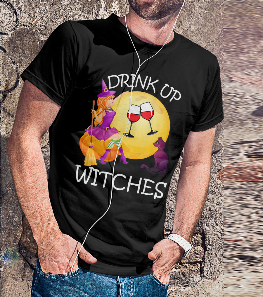 Drink Up Witches Halloween Wine Moon Cat Broomsticks T-Shirt