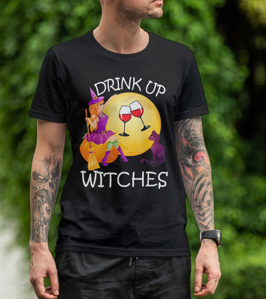 Drink Up Witches Halloween Wine Moon Cat Broomsticks T-Shirt