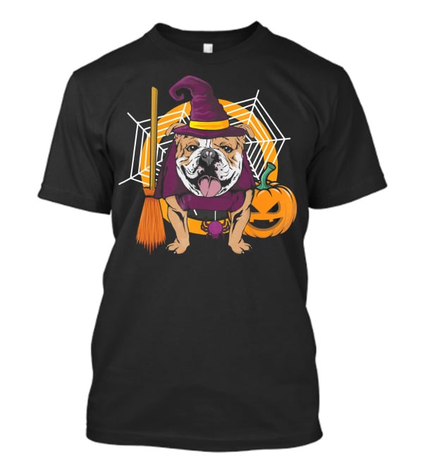 Witch Bulldog Halloween Pumpkin Broom Spiderweb T-Shirt