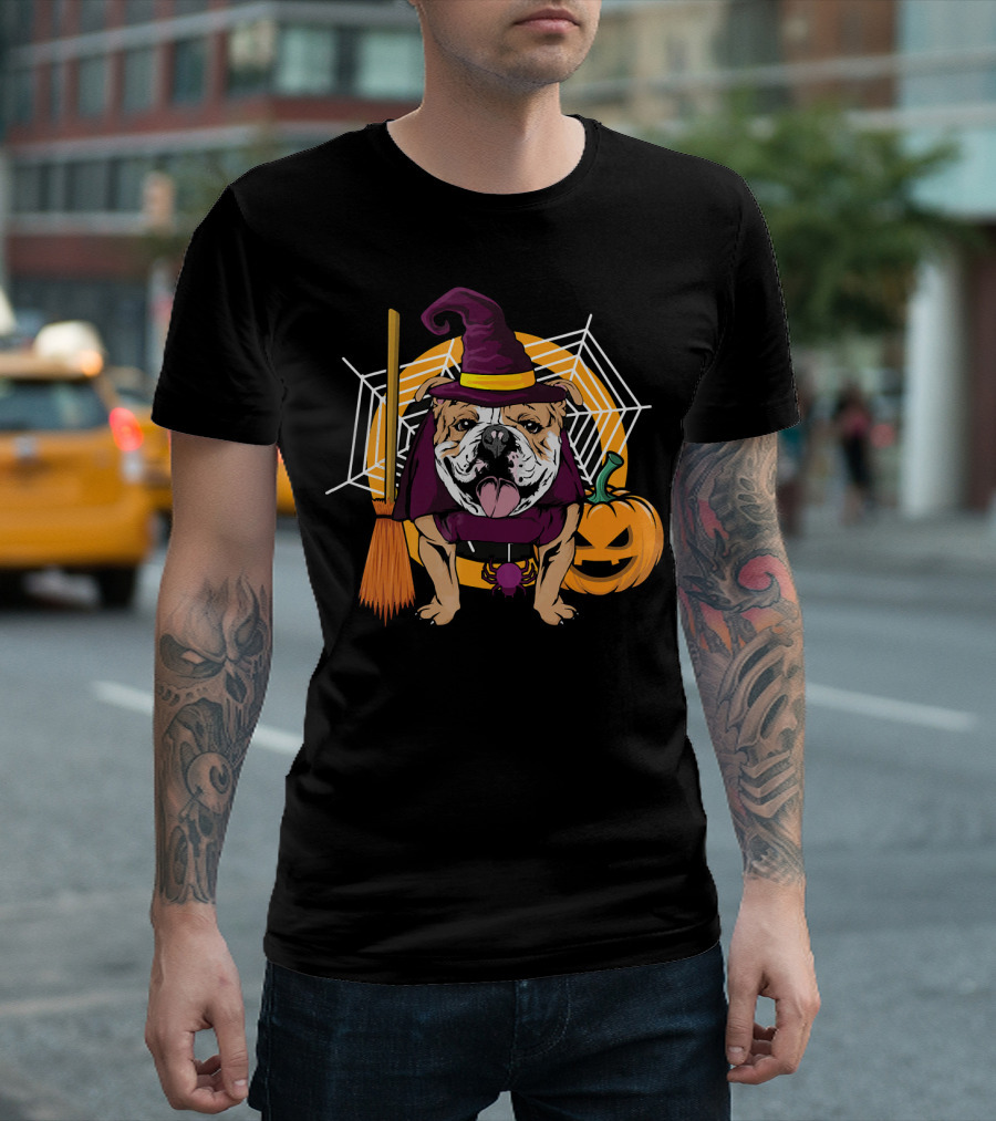 Witch Bulldog Halloween Pumpkin Broom Spiderweb T-Shirt