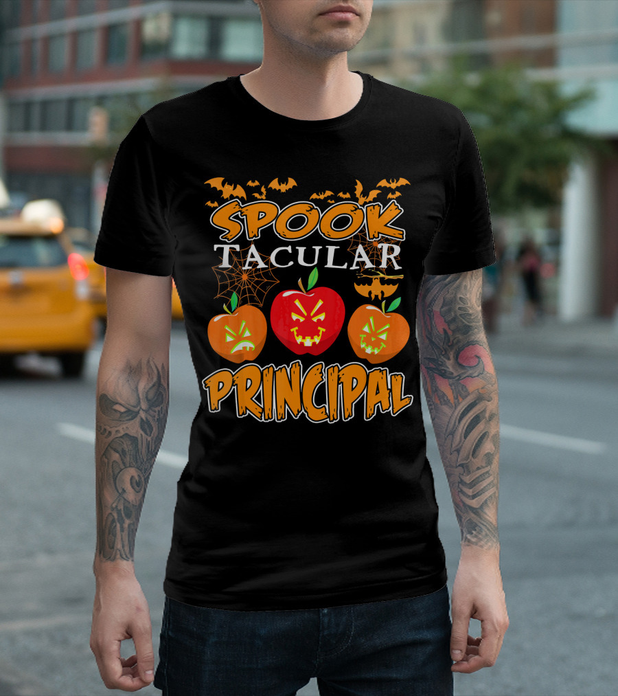 Spooktacular Principal Halloween Pumpkins And Bats T-Shirt