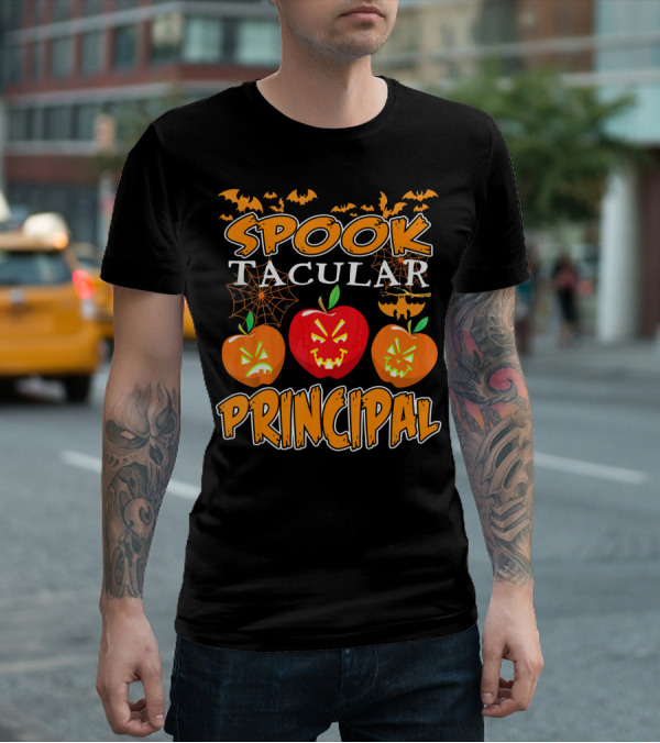 Spooktacular Principal Halloween Pumpkins And Bats T-Shirt
