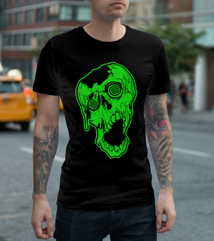 Retro Neon Zombie Skull Skateboarding Style 80s T-Shirt